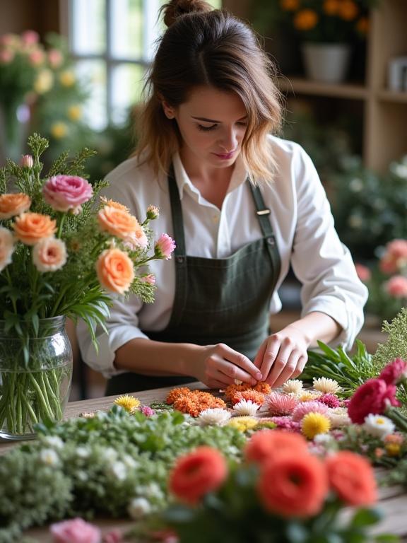 Florista de Jardín de Luz seleccionando cuidadosamente flores frescas en el taller.