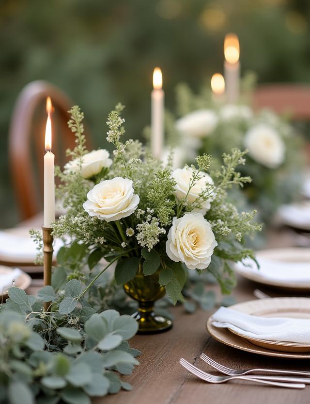 Detalle de una mesa en una boda rústica con centros de mesa florales.