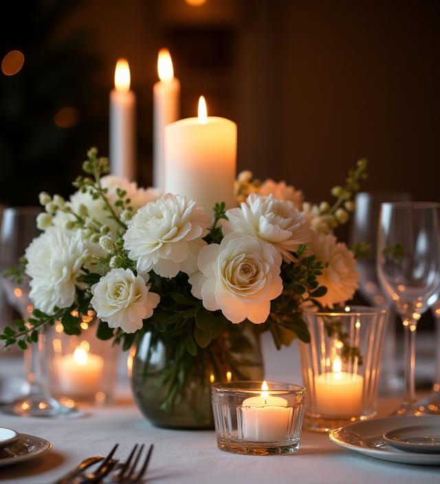 Centro de mesa elegante con velas y flores blancas.