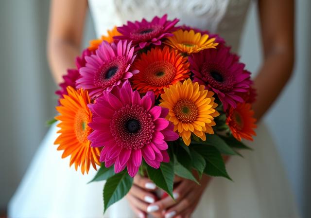 Primer plano de un ramo de novia con colores vibrantes.