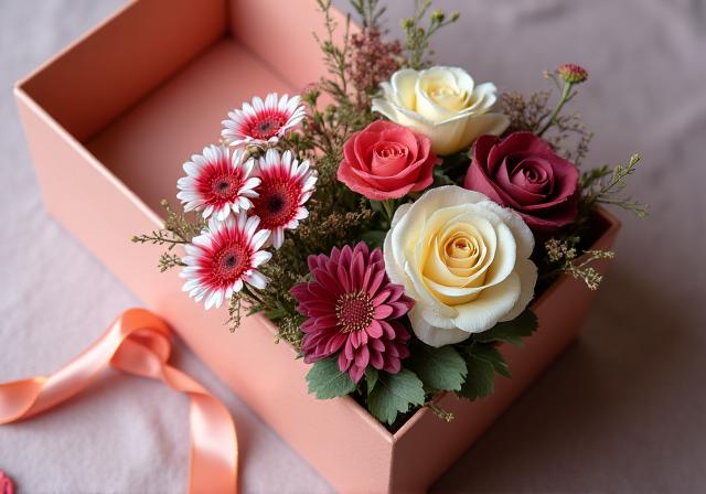 Caja de regalo abierta mostrando flores y chocolates.