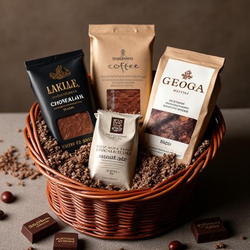Cesta de regalo con café de especialidad y tabletas de chocolate artesanal.