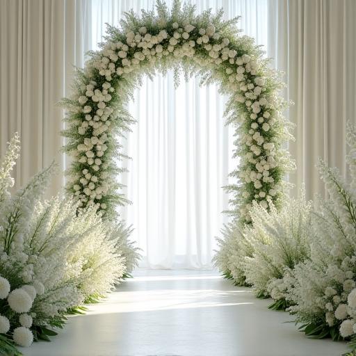 Altar de boda decorado con arcos florales blancos.