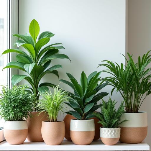 Variedad de plantas de interior en macetas de cerámica.